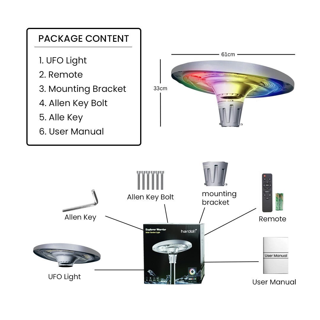 Hardoll 1200W Solar UFO Light for Home Garden LED Waterproof Outdoor Lamp (Warm White &Cool White+RGB) - Hardoll